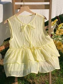 Comfortcana Women's Front Tie Light Yellow Ruffle Hem Sleeveless Blouse, Summer Yellow Babydoll Top - Yellow - View 6