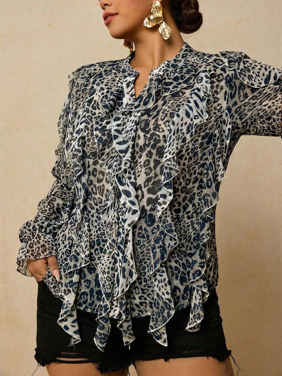 Travachic Plus Size Women Chiffon Leopard Print Long Sleeve Blouse, Leopard Print Ruffle Hem Shirt - Multicolor - View 1