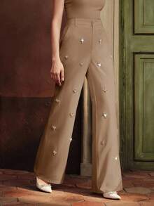 Anewsta Women's Fashion Minimalist Luxury Heavily Embellished Slim-Fit Flared Dress Pants,Khaki,Autumn,Elegant,Party,Formal Wear,Work,Festival, - Khaki - View 3