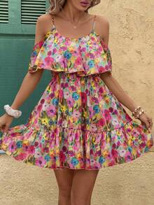 SHEIN Clasi 女士常规吊带荷叶边碎花迷你连衣裙，碎花短裙，女士度假连衣裙，女士碎花连衣裙，多色连衣裙，女士夏季连衣裙，春夏女装，复活节，优雅派对装，沙滩装，母亲毕业礼服，毕业礼服，伴娘礼服，婚礼宾客礼服，婚礼，女士度假装，夏季假日装，女士正式服装，Y2K，女士办公室装，荷叶边连衣裙，碎花连衣裙，印花女装，女士假日连衣裙 - 彩色 - 查看 3