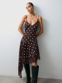 Maija 早春吊带波点蕾丝拼接女士吊带裙，适合情人节派对 - 棕色 - 查看 7