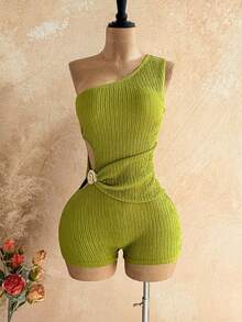 Soleia 女士镂空腰部左侧贝壳金属贴花纹理面料修身迷你连体裤，适合假日、约会、下午茶、度假、音乐节、波西米亚风、休闲度假、钩针编织、亚麻等场合。 - 綠色 - 查看 7