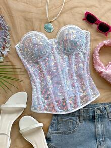 Soleia Áo định hình vóc dáng, đính sequin nhiều màu sắc, ôm sát, thanh lịch, buộc dây phía sau, ren và hoa văn. - Màu xanh lam - Xem 4