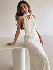 Aloruh 女士优雅简约纹理高领修身连衣裙 - 象牙白色 - 查看 2