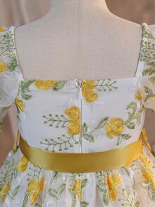 Young Girl Summer Vacation Birthday Party Embroidered Mesh Square Neck Petal Sleeve Belted Dress - Yellow - View 4