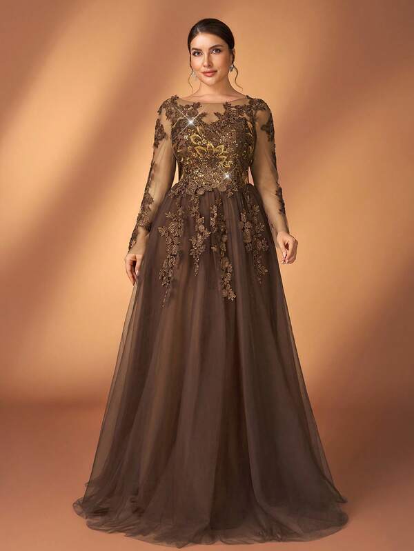 Serin Plus Size Elegant Romantic Brown Boat Neck Long Sleeve Sheer Sleeve Embroidered Sequin Mesh Hem A-Line Dress, Suitable For Wedding, Party, Celebration, Luxury Bridal Mother Gown