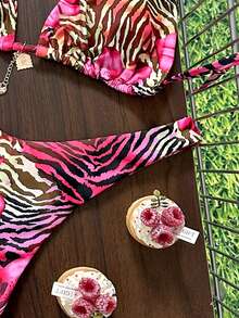Swim Vcay New Leopard Print Halter Backless Top And Side Tie High Cut Thong Bikini 2-Piece Swimwear Set For Women, Beach Holiday - Multicolor - View 6