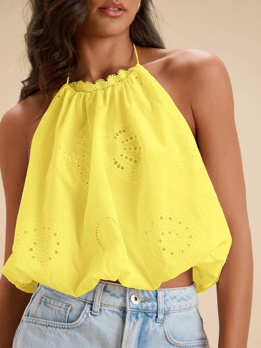 Travachic 度假纯色镂空刺绣露背吊带上衣，适合嘉年华、春假、夏季、情人节、海滩、休闲度假、外出等场合穿着。 - 淡黃色 - 查看 1