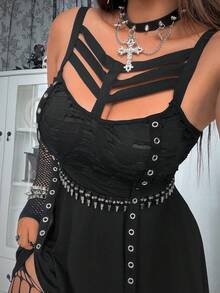 SHEIN Whyspr Plus Size Dark Grunge Distressed Texture Patchwork Eyelet Lace-Up Dress - Black - View 2