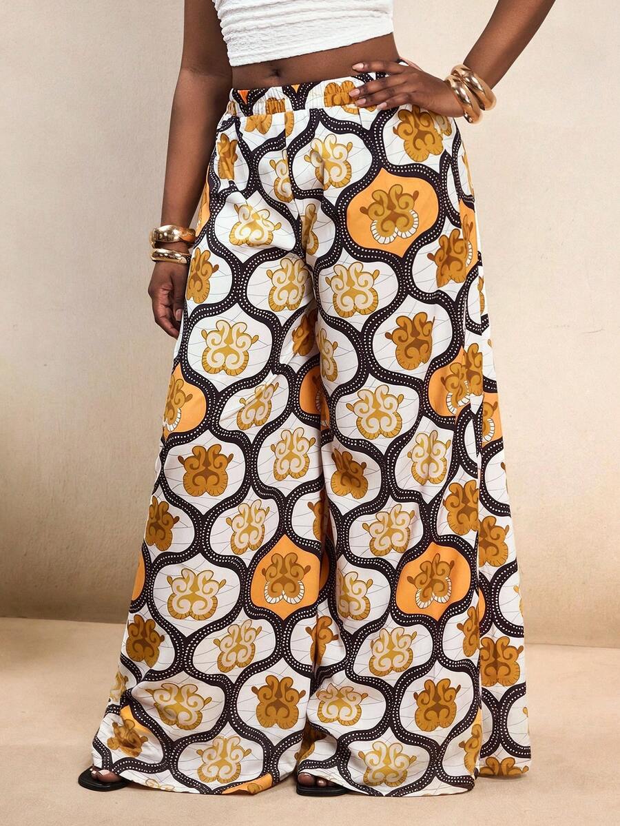 BamGleam Elastic Waist Retro Floral Retro Print Design Loose Wide Leg Summer Pants - Multicolor - View 1