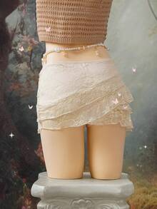 EgrlEra Women's Fashionable Beige Multi-Layered Criss-Cross Lace Skirt - Beige - View 2