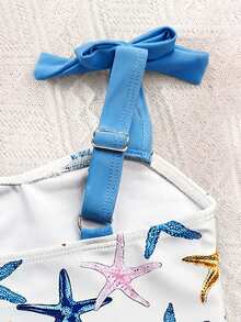 Emery Rose Kids Emery Rose Kids Áo tắm liền thân cho bé gái mùa xuân hè, chất liệu dệt kim chắp vá, họa tiết sứ xanh trắng cổ điển, dây mảnh, có nơ. - Màu xanh lam - Xem 6