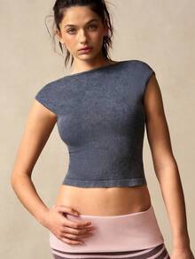 VARSIVA Women's Ribbed Knit Backless Fitted Cropped Sports T-Shirt - Black - View 10