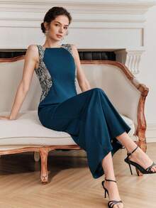 Anewsta Women's Fashionable New Dignified Style Beaded Sequin Sexy Backless Waist-Cinching Birthday Party High-End Formal Elegant Dress - Dark Green - View 2