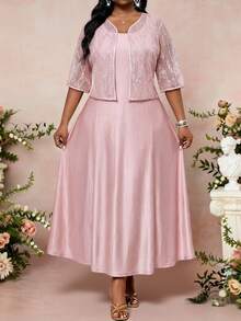 SHEIN Lady Plus Size Women Elegant Sleeveless Dress & Jacket 2 Pieces Set,Dusty Pink Summer Sparkly Formal Dress For Women,Wedding Ninang Luxury 2 Pieces Sets - Pink - View 1