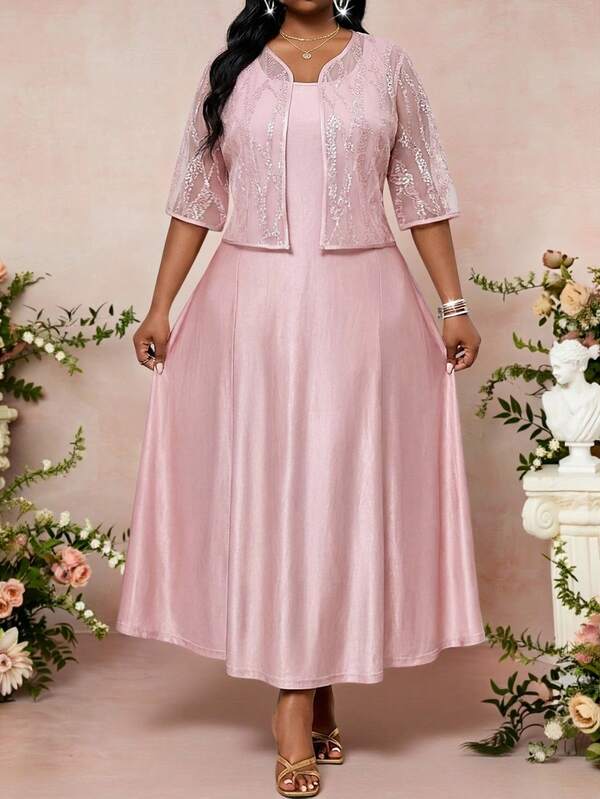 Fleurora Plus Size Women Elegant Sleeveless Dress & Jacket 2 Pieces Set Casual Dresses For Women Luxury Women's Two-Piece Set Two Piece Set Women Pink Dress Sparkly Dress Formal Dress For Women Spring Dress Elegant 2 Piece Set Elegant Woman Clothing Plus Elegant Dress 2 Piece Sets Woman Plus Sets For Women Elegant