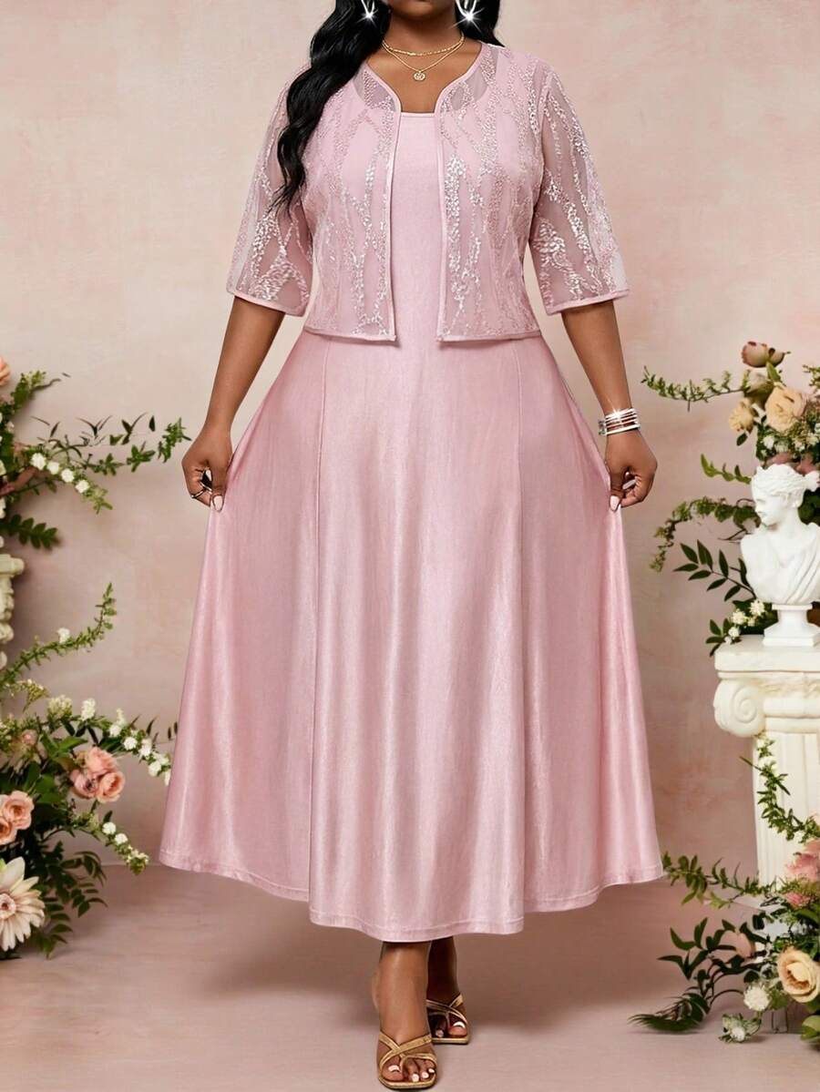 SHEIN Lady Plus Size Women Elegant Sleeveless Dress & Jacket 2 Pieces Set,Dusty Pink Summer Sparkly Formal Dress For Women,Wedding Ninang Luxury 2 Pieces Sets - Pink - View 1