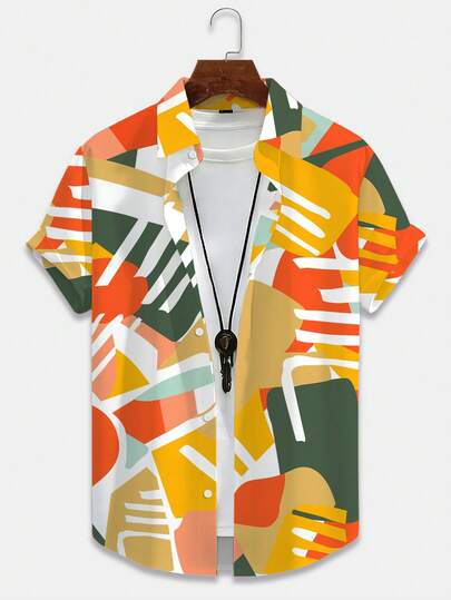 Manfinity RSRT Men's Retro Geometric Color Block Short Sleeve Shirt, Men's Vacation Style Shirt, Contrast Color Geometric Shirt, Versatile Beach Casual Top, Summer Vacation Style Shirt