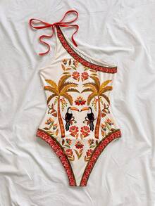 Soleia 新款女士度假针织印花不对称肩部蝴蝶结连体衣 - 彩色 - 查看 2