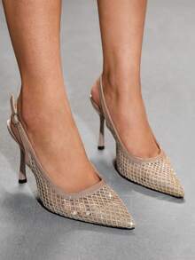 CUCCOO SZL Women's Pointed Toe Apricot Mesh Fabric Metallic Buckle Backstrap Open Toe Fashion Pumps, Elegant For Office And Commute - Apricot - View 5