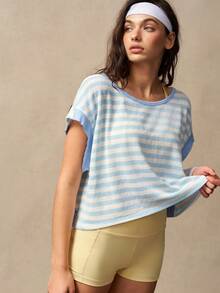 VARSIVA Women's Striped Round Neck Backless Bat Sleeve Sports T-Shirt - Multicolor - View 4