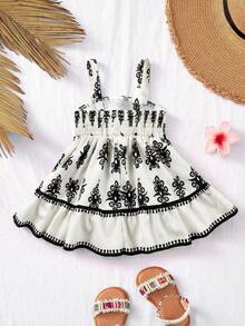 SHEIN 女婴可爱碎花无袖连衣裙，夏季 - 杏色 - 查看 2