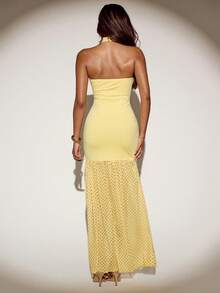 SHEIN ICON 女士波点拼接优雅收腰连衣裙，适合约会和派对穿着 - 鵝黃色 - 查看 2