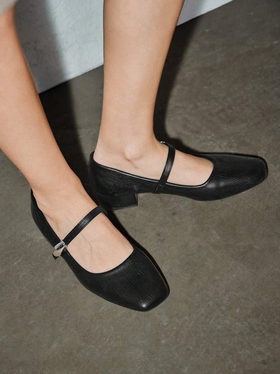 女士3厘米布面包跟黑色时尚百搭玛丽珍低跟粗跟优雅平底鞋，另有藏蓝色、咖啡色、酒红色可选 - 黑色 - 查看 1