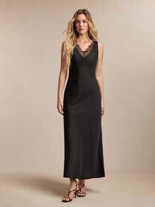 BizChic Lace Patchwork Sleeveless Dress, Elegant French Vintage Business Casual Commute Date Daily Vacation Party Independence Day Graduation Season Music Festival Versatile Summer Wedding Guest Office Outing Beach Gathering Social Holiday Shopping Afternoon Tea Travel Formal Vacation Style Slouchy Luxury Minimalist - Black - View 4