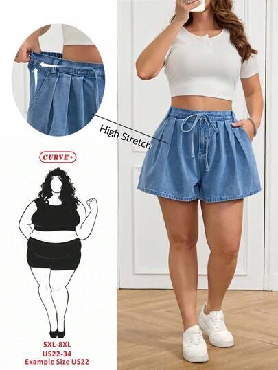 SHEIN CURVE+ Pantalones cortos vaqueros de talle alto con pliegues y cordón para mujer de talla grande, elegantes, de estilo casual, para fiestas, bodas, negocios, vacaciones, graduación, carnaval y uso diario