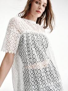 Aveloria Modichic Women's Elegant White Lace Crochet Short Dress,Summer Tea Party Mock Neck Straight H-Line Cut Short Sleeve Scalloped Hem Retro Sweet Outfits - White - View 1