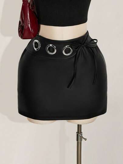 SHEIN ICON Plus Size Summer Fashion Metal Buckle Eyelet Decor Lace-Up Skirt