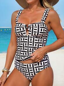 Swim Lushoire 2pcs Women's Summer Beach Fashion Vacation Random Line Print Ruched Resin Ring Top & Matching Random Print Triangle Tankini Swimsuit Set - Multicolor - View 3