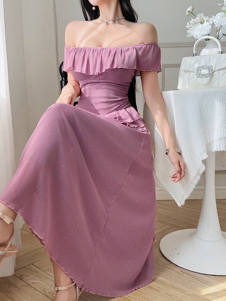 Women's Solid Color Ruffle Hem Scoop Neck Fitted Elegant Dress Maxi Dress Sundress