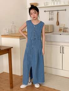 DAZY 少女无袖牛仔连衣裙 - 藍色 - 查看 3