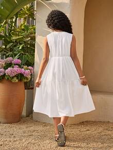 Elegant White Summer Sleeveless Dress For Tween Girls,Wedding Party Simple Full Skirt With Button Details,Perfect For Vacation & Everyday Wear - White - View 2
