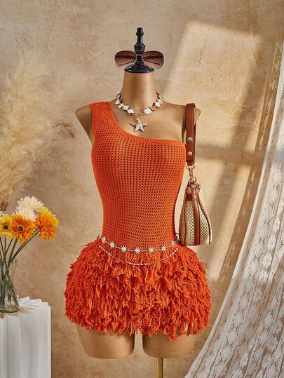 Bellisia 26SS Orange Sexy One-Shoulder Tassel Dress, Vacation & Beach 2026 New Women's Swimwear ArrivalFor School,Suitable For Holiday, Date, Afternoon Tea, Western, Cruise, Beach, Island, Road Trip, All Seasons, Music Festival, Boho Vacation,Bohemian Vacation, Chill Autumn ,Western Boho ,Elegant Tops For Women Burnt Orange Dress Crochet Dresses For Women Orange Summer Dress Orange Vacation Dress Terracotta Dress Flapper Dress Fringe Dress