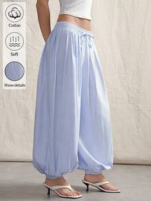 SHEIN ICON Pantalones holgados de mujer con estampado de rayas, cintura con cordón, apropiados para ir al trabajo y de vacaciones - Azul y blanco - Ver 1