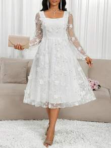 SHEIN Lady Women's Elegant Contrast Mesh Applique Square Collar Long Sleeve Dress, Autumn - White - View 1