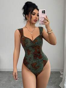 SHEIN Elenzya 女士针织提花褶裥连体衣 - 墨綠色 - 查看 1