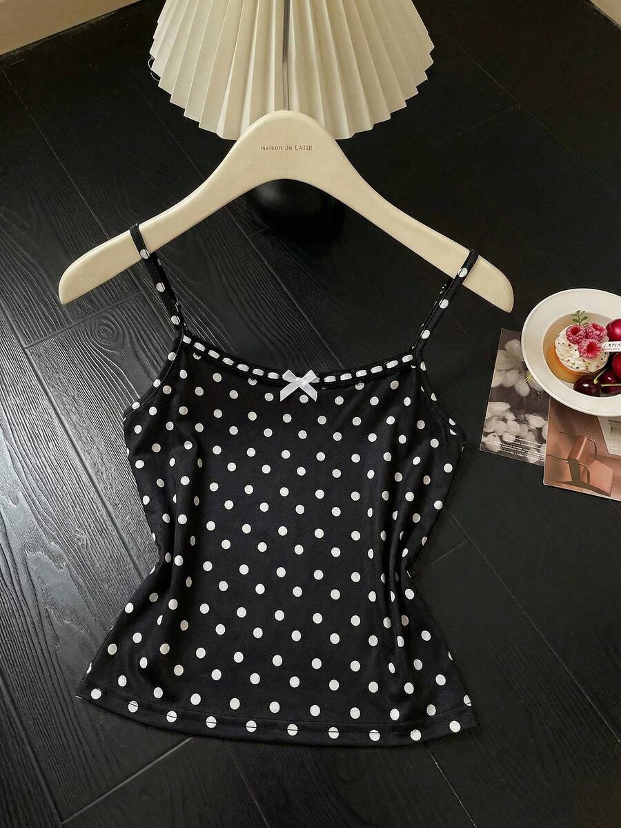 SHEIN Áo hai dây cho bé gái tuổi teen, phối chấm bi tương phản và viền hình bướm. - màu đen - Xem 1