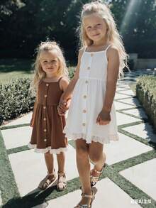 SHEIN 两件套女童无袖吊带连衣裙套装，棕色、卡其色、白色，复古简约休闲连衣裙，夏季度假 - 彩色 - 查看 7