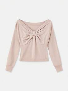 lacRébo Fine Gaunge Metallic Knit Off The Shoulder Jumper With Bow Front Detail Cute Cosy Autumn Winter - Gold - View 6