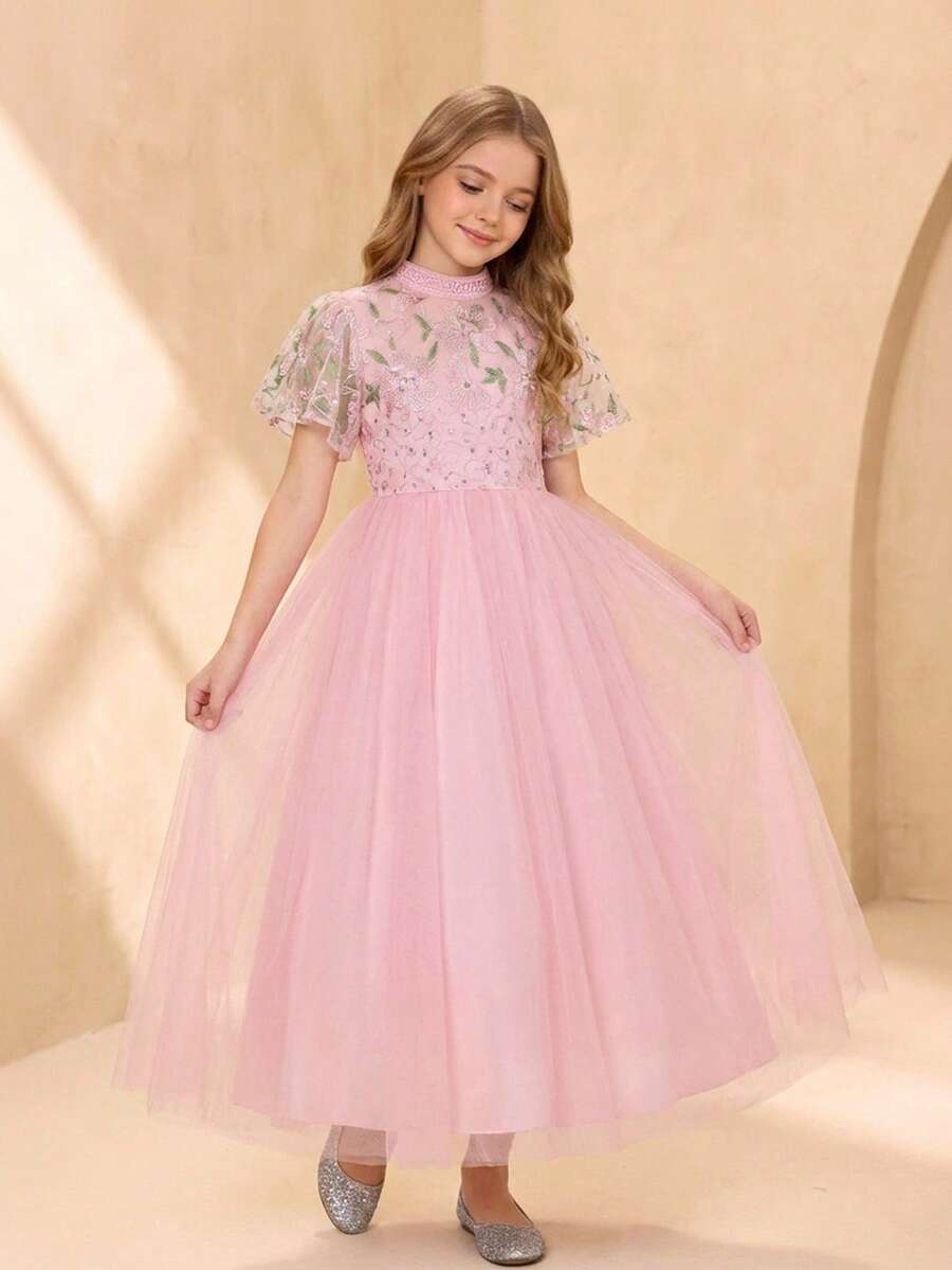 SHEIN 1件少女优雅花卉刺绣网纱A字公主裙，适合派对、姐妹聚会、生日、春夏穿着