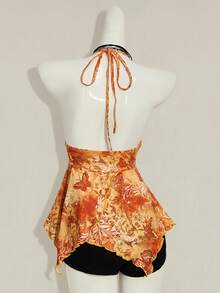 SHEIN ICON Print Asymmetric Hem Fashion Halter Neck Tank Top - Orange - View 2