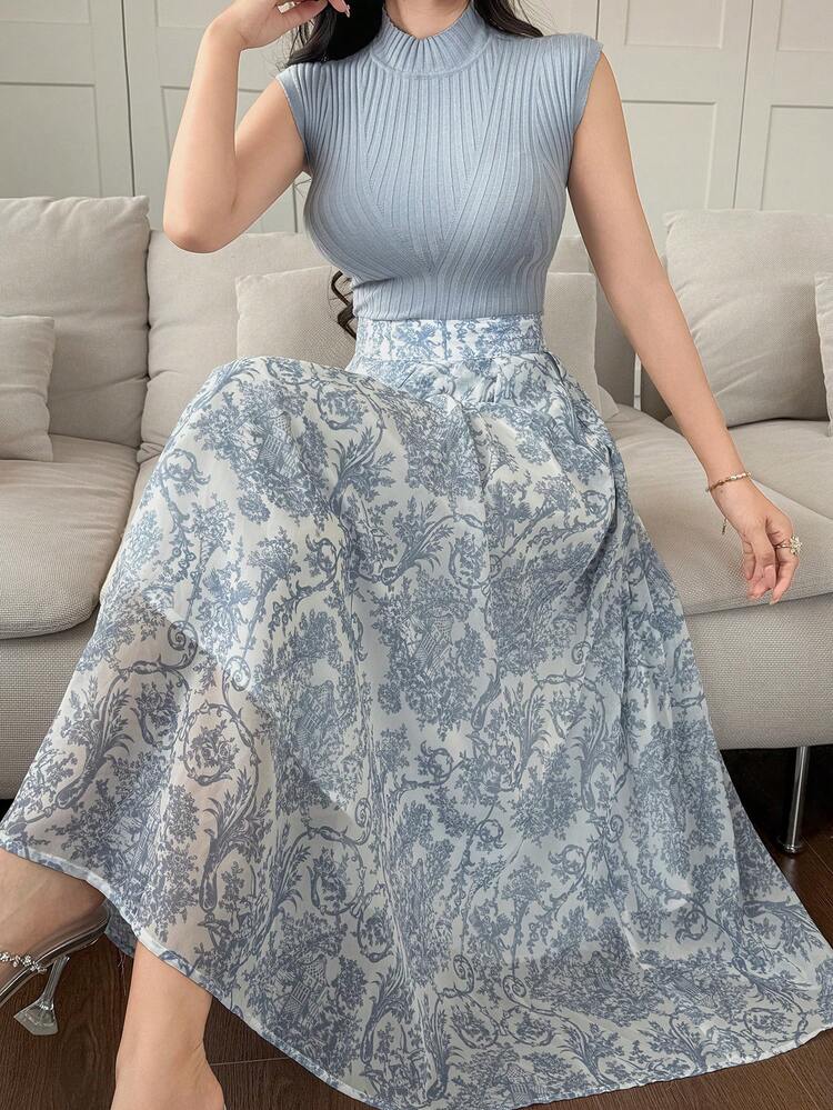 Women's Elegant Solid Color Collared Top And A-Line Floral Skirt 2-Piece Set, Summer,Wedding Guest Dress Women