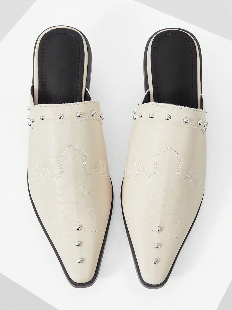 Mnmlis Women's Fashion Studded Decor Pointed Toe High Heel Mules For Christmas