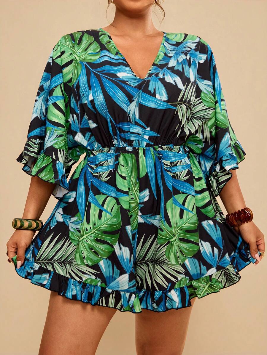 Travachic Mono de mujer talla grande con estampado de plantas tropicales, volantes y mangas acampanadas, informal para vacaciones - Verde - Ver 1