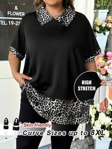 SHEIN CURVE+ Áo thun ngắn tay họa tiết da báo cỡ lớn dành cho nữ, thích hợp cho năm mới và ngày Valentine. - Đen và trắng - Xem 1