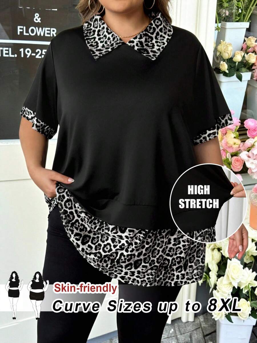 SHEIN CURVE+ Áo thun ngắn tay họa tiết da báo cỡ lớn dành cho nữ, thích hợp cho năm mới và ngày Valentine. - Đen và trắng - Xem 1